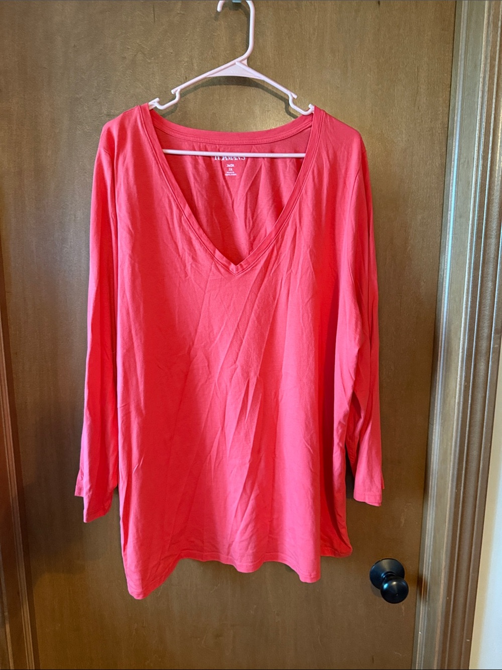 Roaman's Coral V-Neck Long Sleeve Top